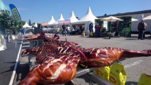 Helstekt gris på spett snurrade runt i köttkvarteret.